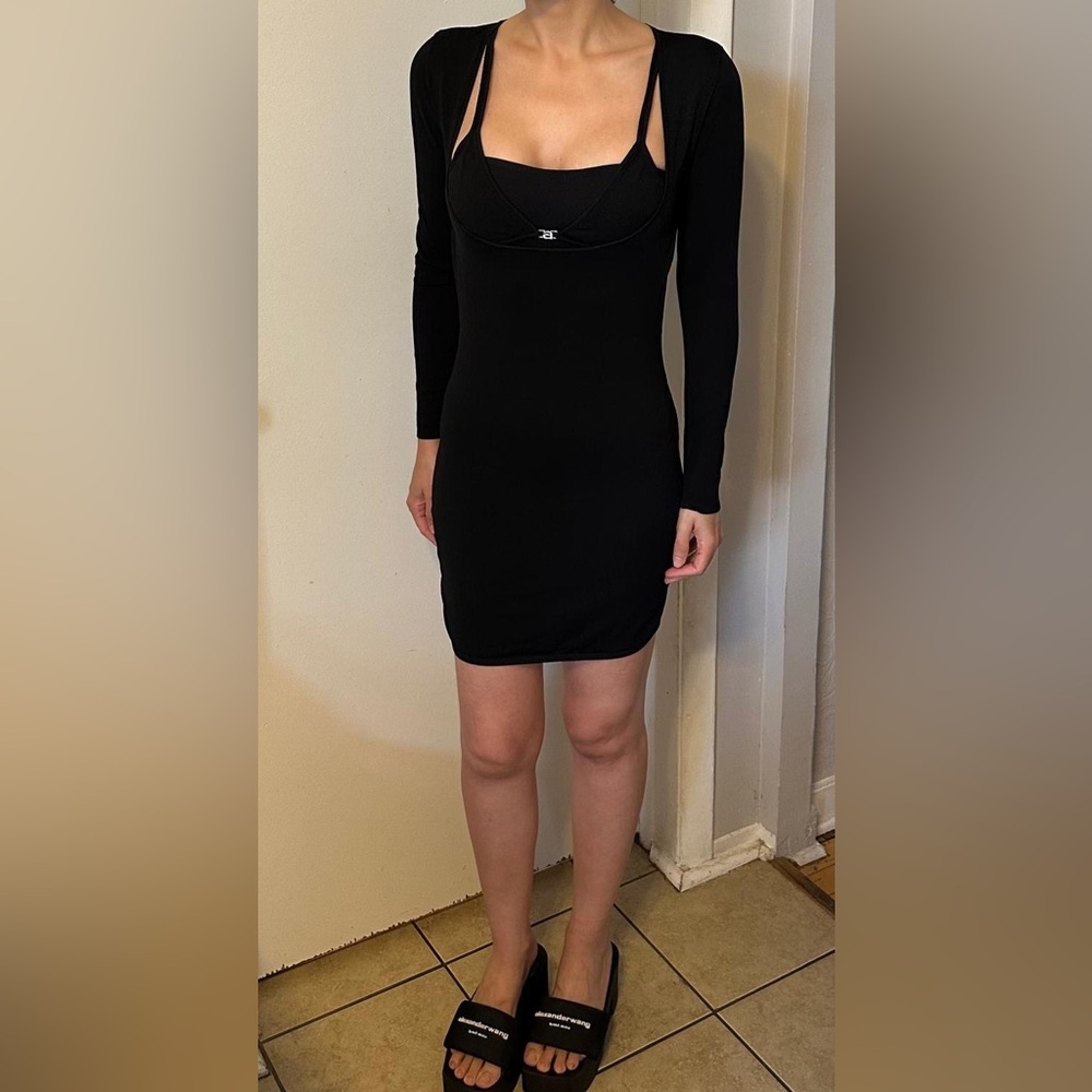 ALEXANDERWANG.T TWINSET HYBRID BIKINI DRESS WITH CRYSTAL LOGO BLACK